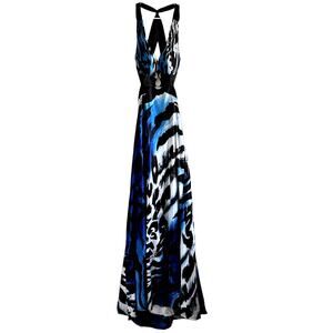 Cache Evening Maxi Dress Plunging V Zebra Print Sleeveless Elegant Blue Black 10